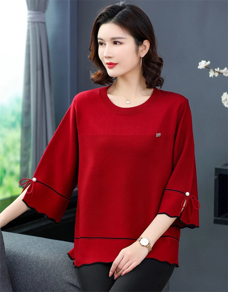 6XL Mom Large Summer New Ice Silk Shirt 3/4 Sleeves Round necked T-shirt Knit Sweater Loose Top For Wearing Outwear Top Black