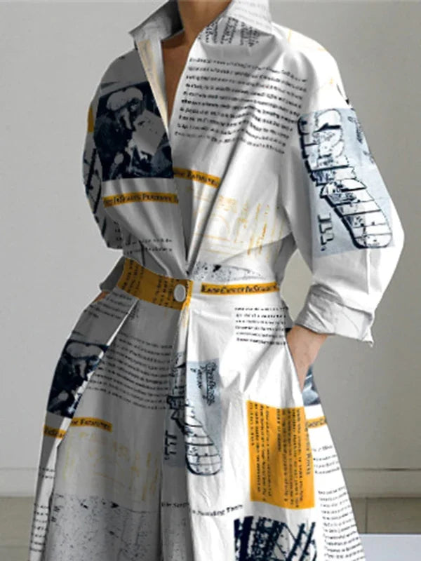 2025 New Autumn Women Midi Dress Long Sleeves Casual High Street Fashion Newspaper Print Lapel A-Line Dress For Women
