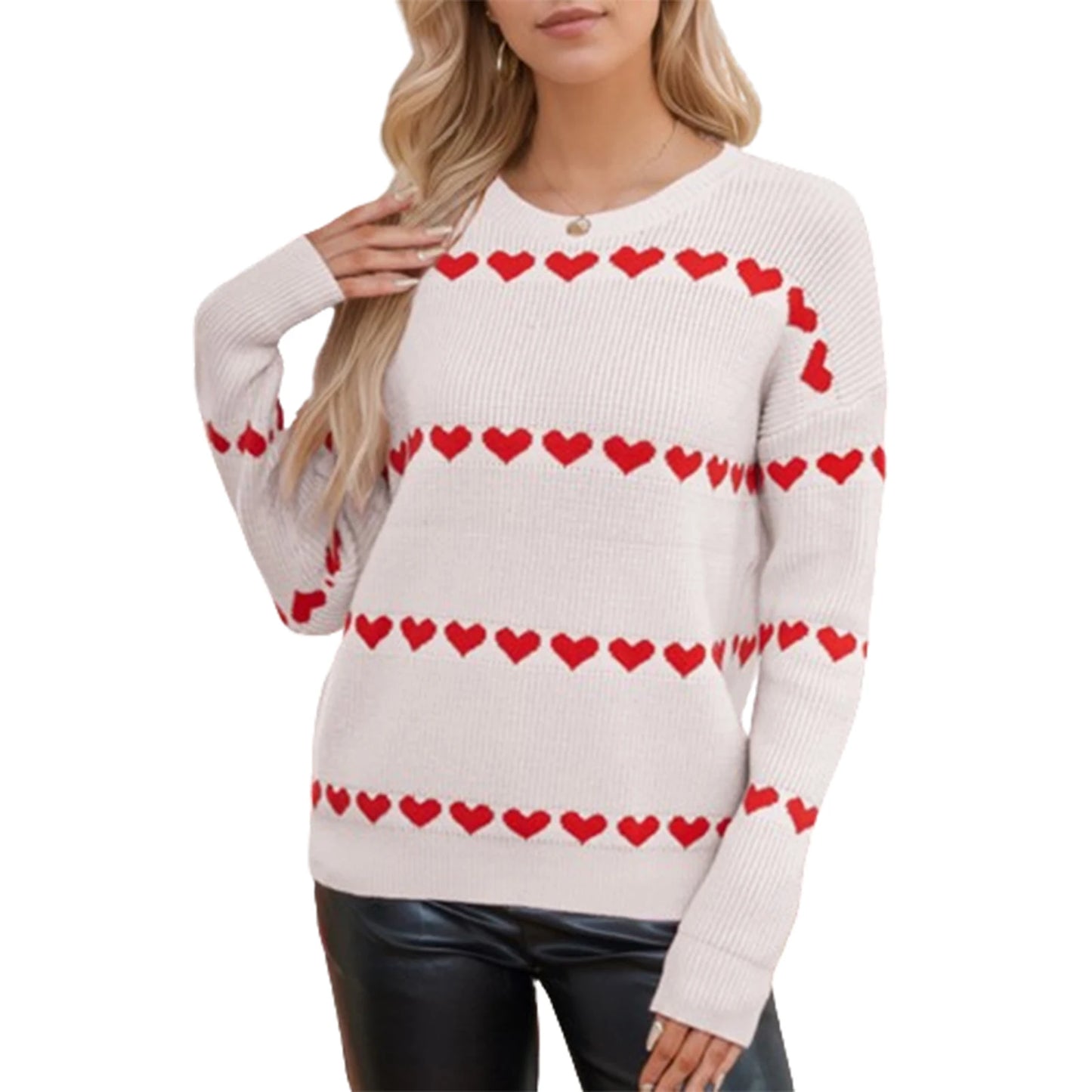 Women Valentine's Day Knit Sweater Heart Print Long Sleeve Round Neck Pullovers Fall Winter Casual Loose Knitted Jumpers Tops