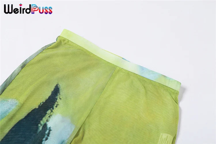 Weird Puss Mesh Tie Dye Straight Pants Women Sexy Summer Trend See Through Thin Skinny Streetwear Wild Elastic Activity Bottoms