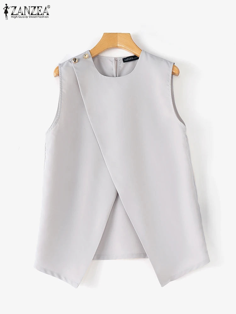 ZANZEA Elegant Round Neck Tank Tops Women Office Lady Buttons Camis 2024 Summer Sleeveless Tanks Fashion Irregular Solid Vests