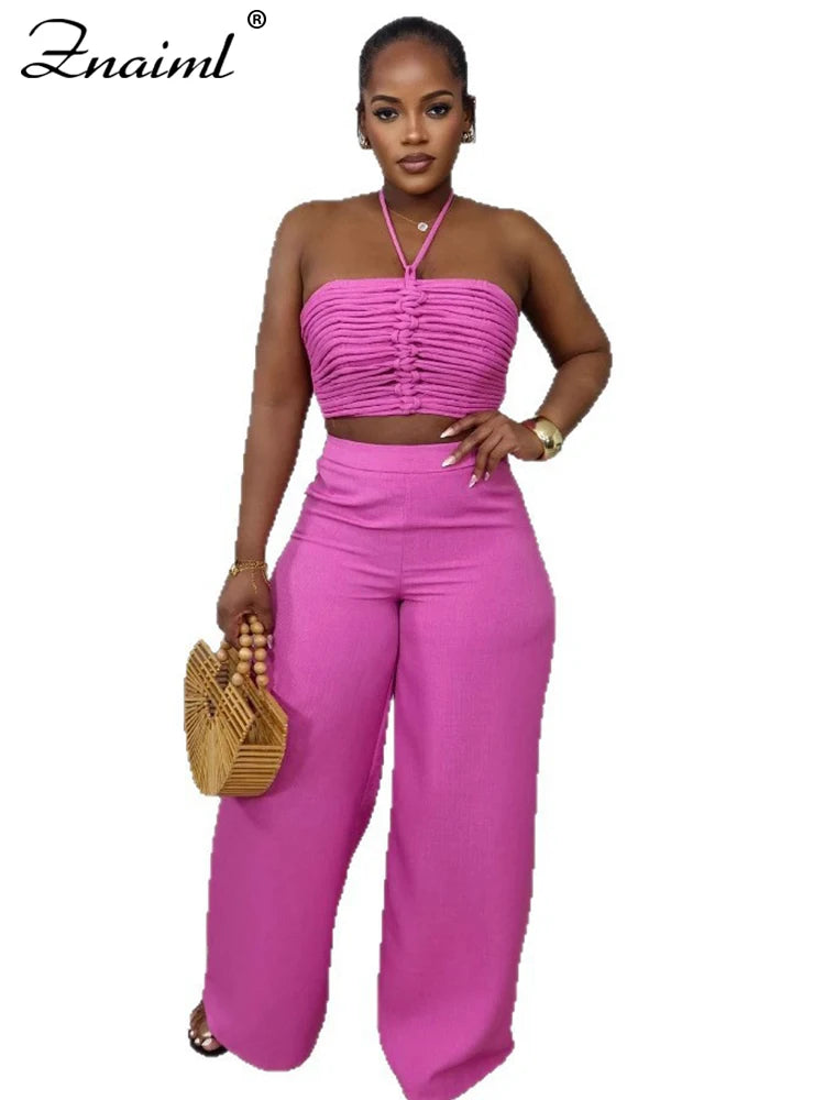 Znaiml Halter Sleeveless Ruched Crop Top and Wide Leg Pants 2 Piece Sets Woman Summer Sexy Beach Paarty Night Club Outfit 2025
