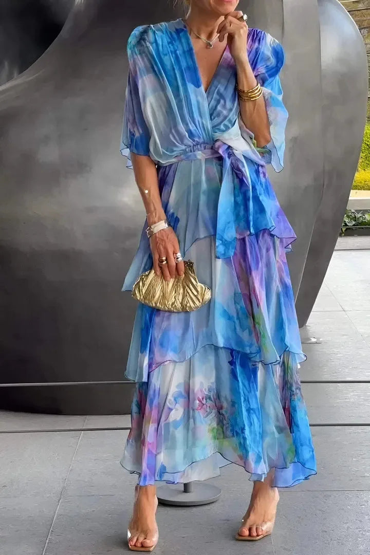 Women's Clothing Floral Flower Printing Multi Layered Dress V Neck Long Sleeve Fashion Casual Summer Dress