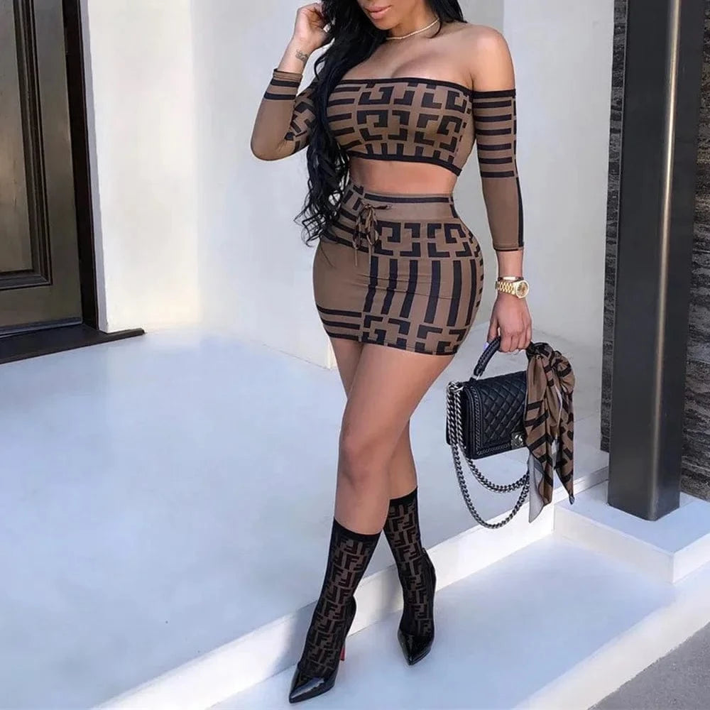 Two Piece Sexy Women's Printed Dress, Summer Long Sleeved Slim Fit One Line Collar, Elegant Party Club Party Mini Skirt Y2k Set