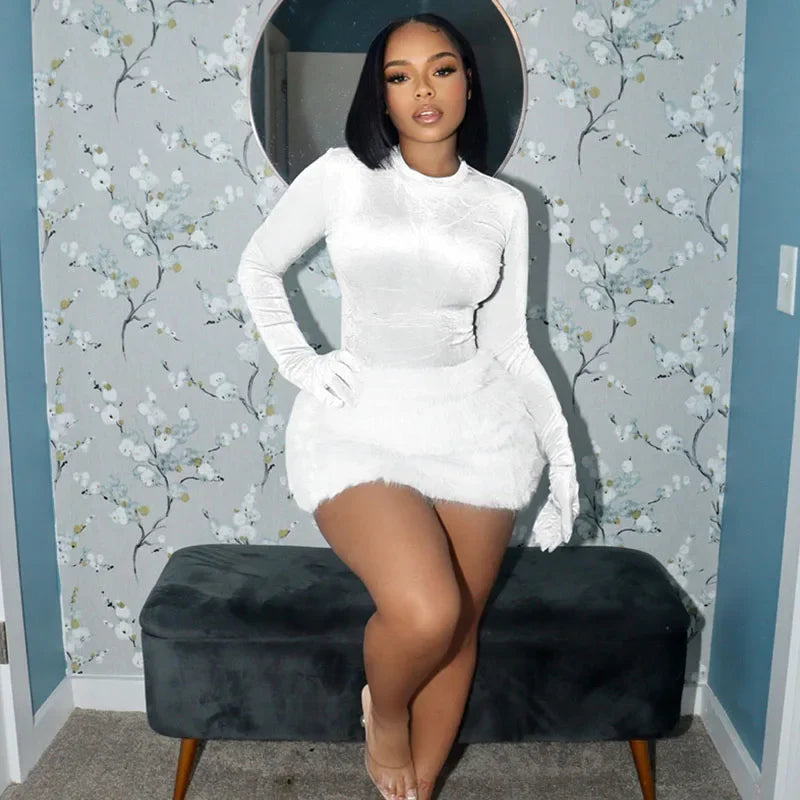 Velvet Long Sleeve Solid Gloves Sexy Bodysuit Furry Skirt 2 Piece Sets Fall Winter Women Elegant Outfit Party Birthday