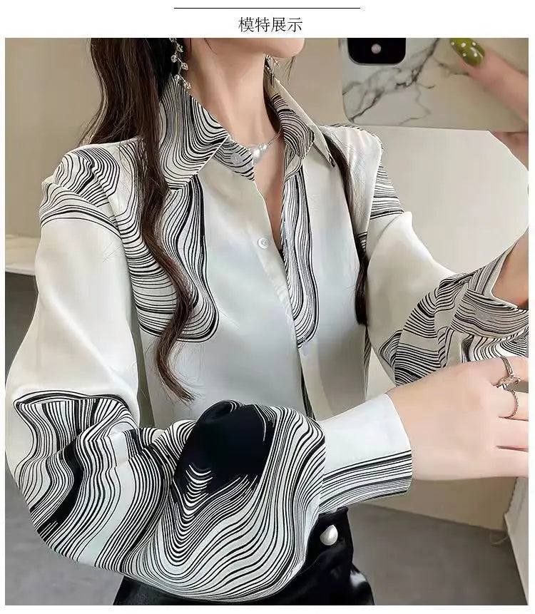 Shirt Women's Design Sense Niche Long-Sleeved Blousers 2025 Spring And Autumn Korean Retro Buttton Chiffon Shirt Top Printed 102