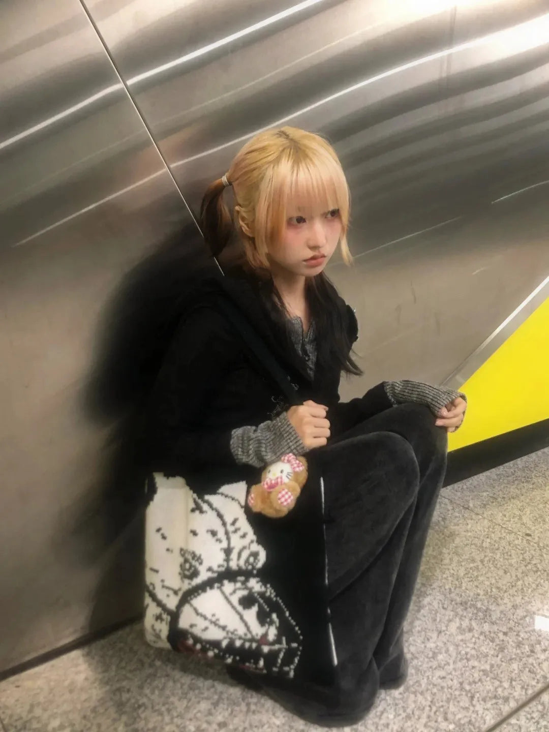 Karrram Japanese Y2k Fake Two-piece Knitted Tops Trashy 2000s Hooded Jacket Vintage Harajuku Knitwear Grunge Aesthetics American
