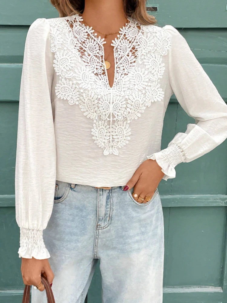 Fashion commuting style women's solid color lace stitching V-neck flared sleeve long-sleeved shirt, spring and autumn season