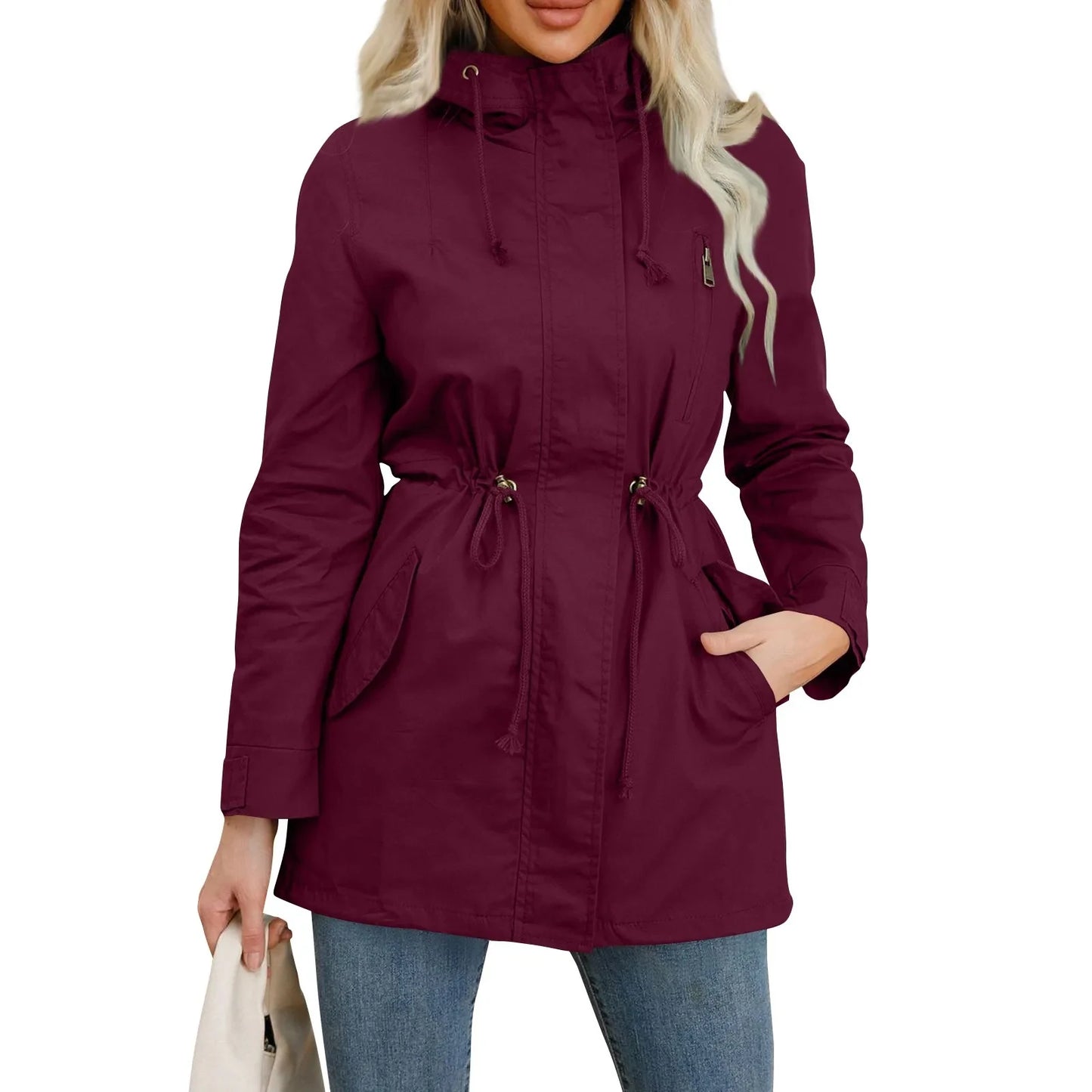 Women's Hooded Trench Coat Spring Autumn Fitted Solid Color Jacket for Daily Outdoor Camping Hiking