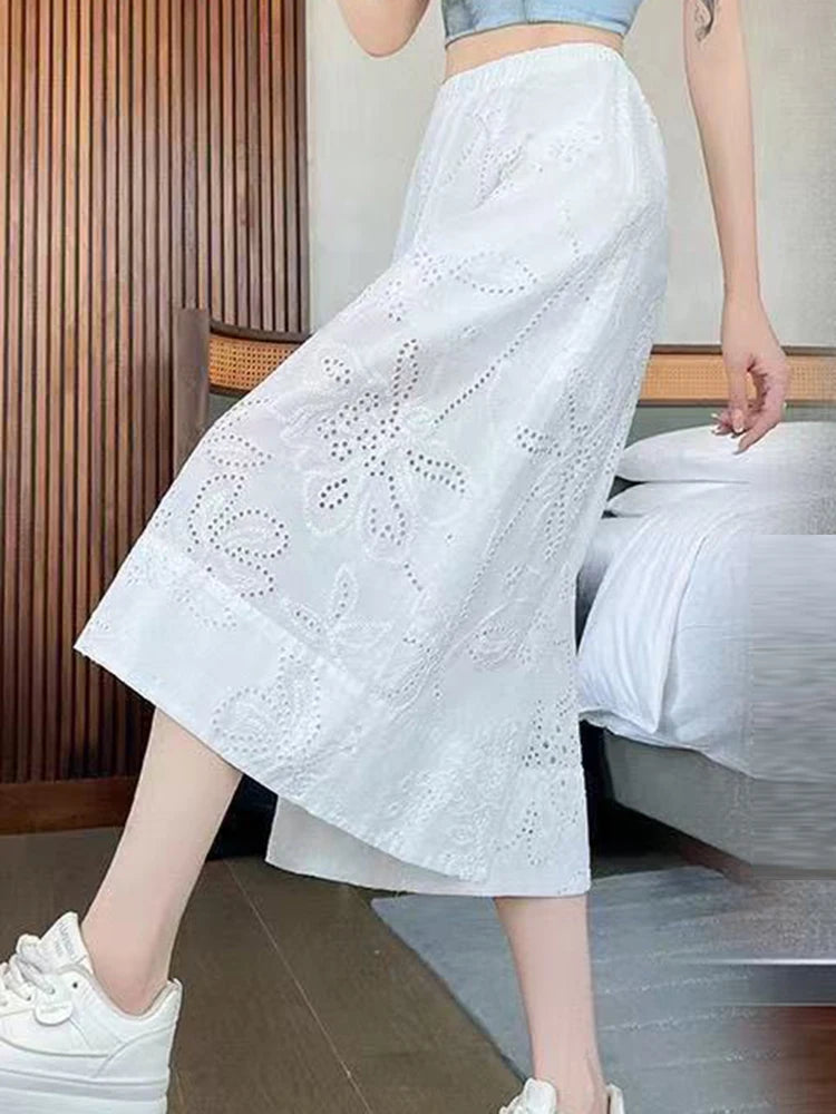 Hollow Out White Summer Wide Leg Cotton Pants for Women
