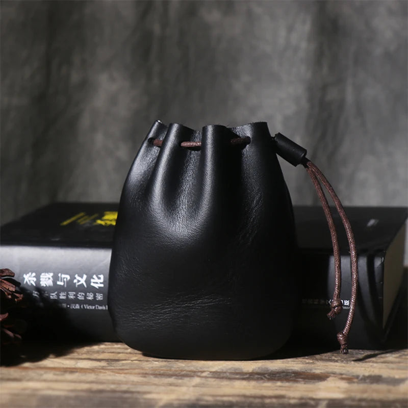LUOKIR Men's Genuine Leather Coin Purse Simple Vintage Small Card Bag Women's Cowhide Wallet Keys Money Drawstring Storage Bags