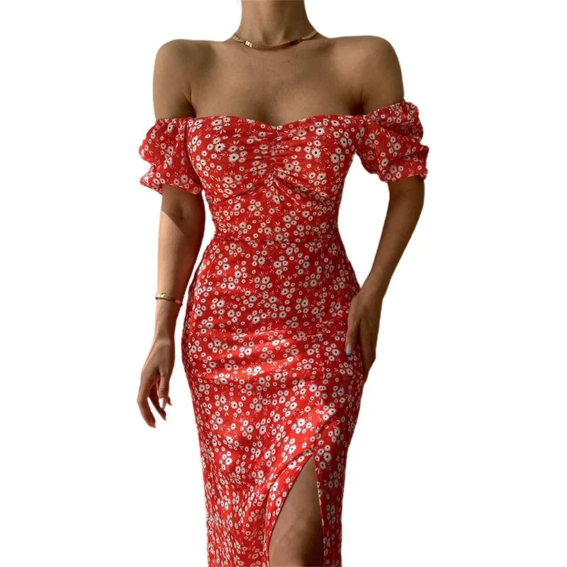 Elegant Summer Women's Dress Off-Shoulder Floral Side Slit Fashionable Commuting Foreign Trade New Style Womens Clothing