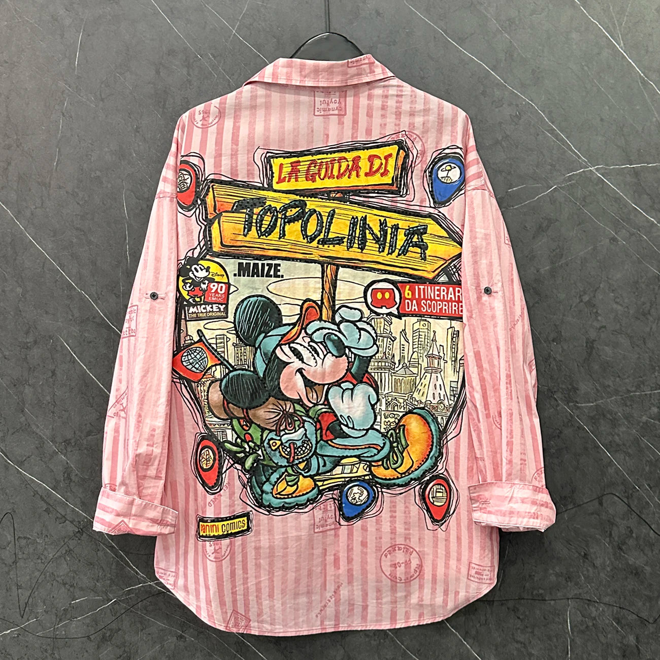 Spring and Summer New Cartoon Design Striped Long-sleeved Shirt Women's Loose Sweet College Style Long Pink Top Single Breasted
