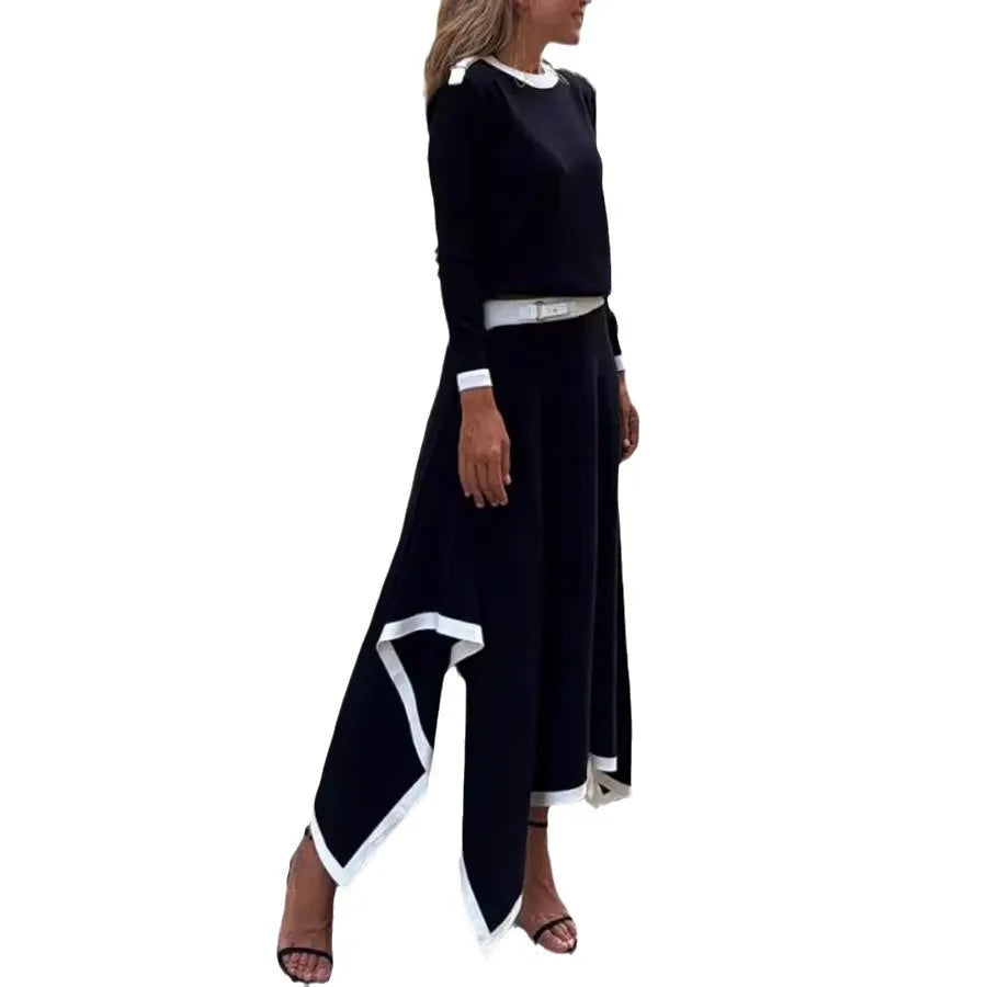 Women Casual Long Sleeve 2Pc Set Fashion Color Blocked Loose 2Pc Outfits Elegant O-neck Pullover Top & lrregular Long Skirt Suit