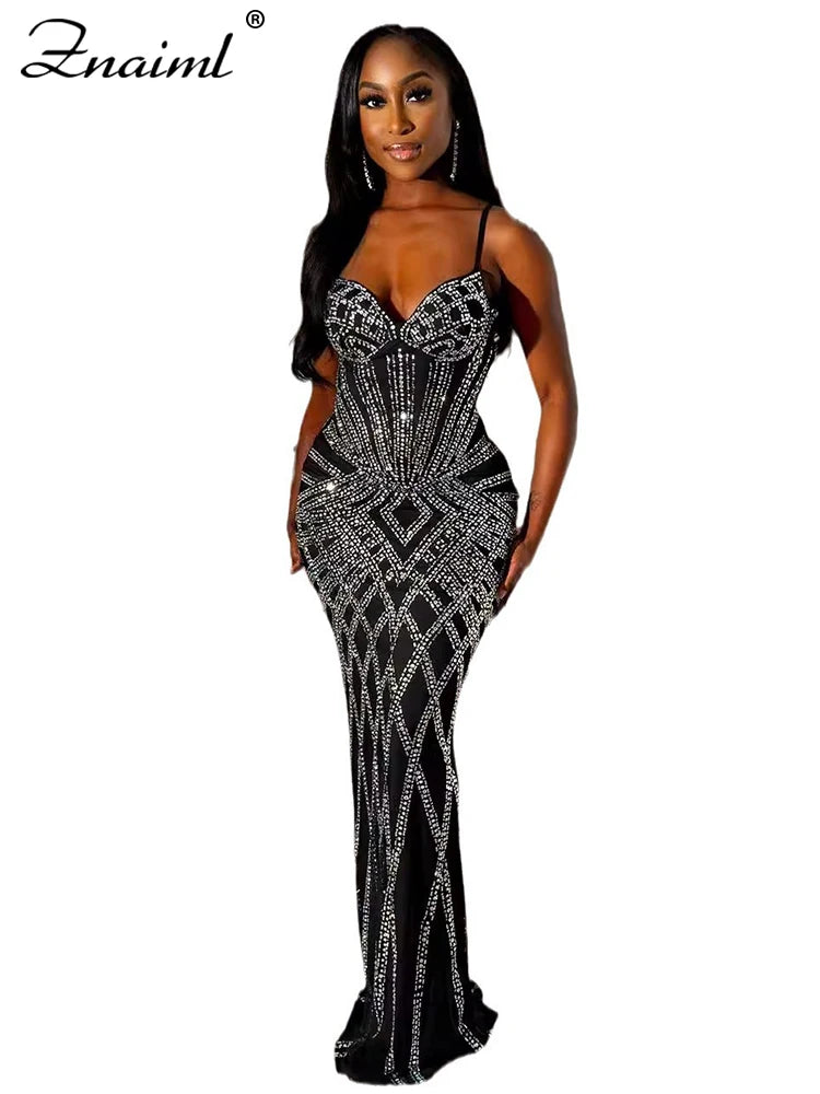 Znaiml Luxury Women Celebrity Spaghetti Strap Sleeveless Prom Formal Mermaid Maxi Dress Sexy Sparkly Rhinestone Birthday Vestido