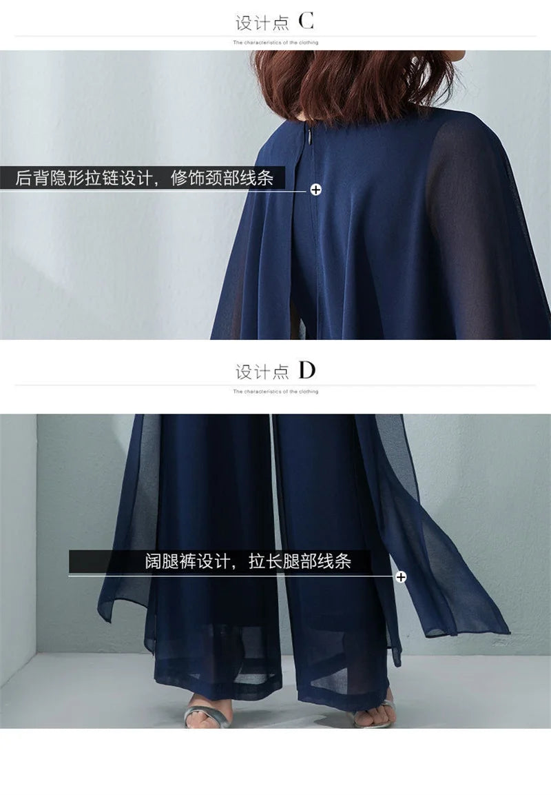 Lotus Leaf Sleeve Jumpsuit Women's Summer Long 2023 New Chiffon Jumpsuit Wide Leg Set Temperament Jumpsuit Female Bodysuit Blue