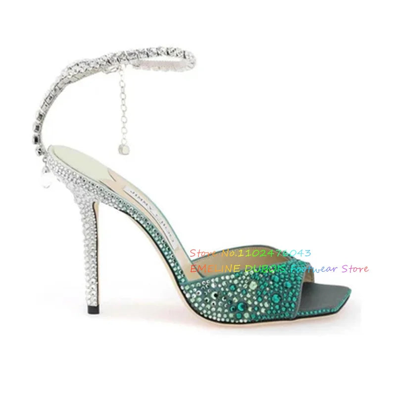 Rhinestone Chain Square Toe High Heel Sandals Women Sexy New Peep Toe Stiletto Heel Crystal Designer Brand Ladies Dress Shoes