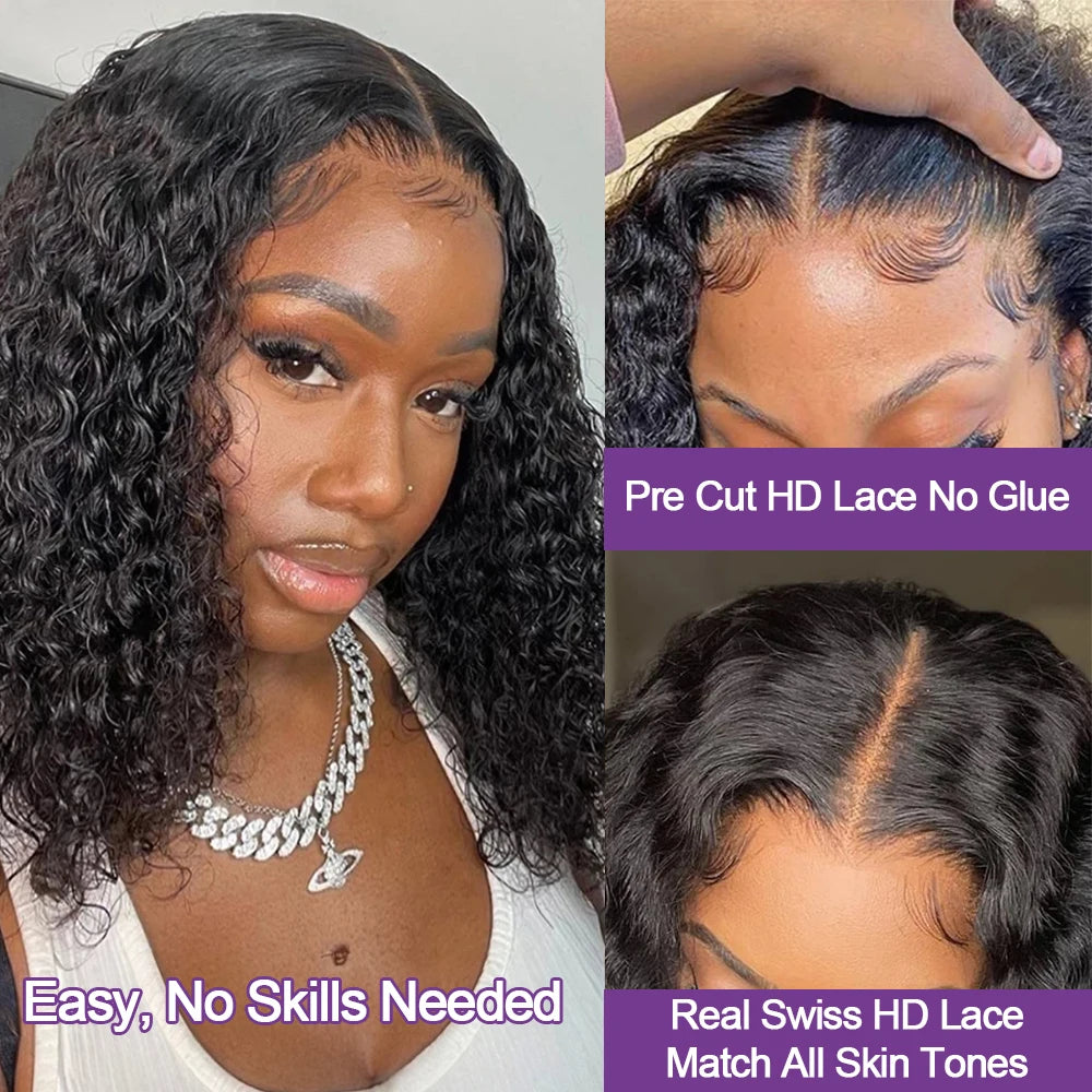 100% Human Hair wigs Glueless Deep Wave Bob Wigs 13x6 Transparent Lace Frontal Wig 16 inch Kinky Curly Short bob Wig of Women