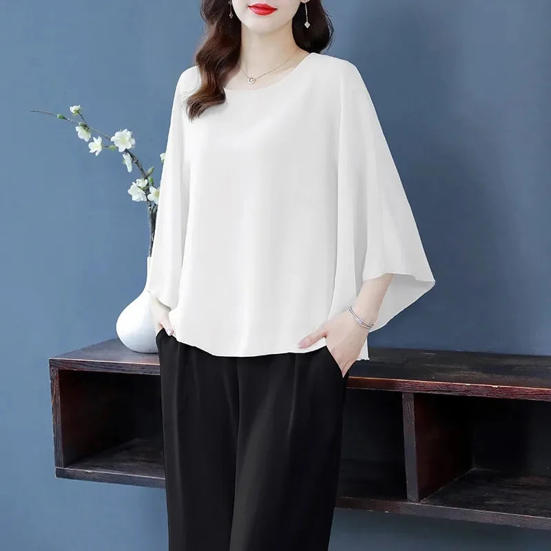 4XL Bat Shirt Summer Women's Loose T-shirt Small Shirt 2025 Spring/Summer Large Wrinkle Resistant And Elegant chiffon Top Green