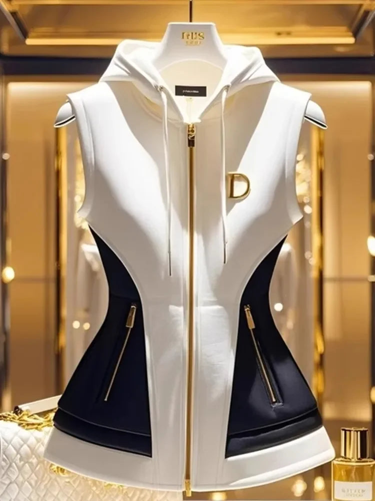 New Spring French Elegant High End Hooded Vest Coat Women Contrast Color Zipper Slim Jacket Temperament Ladies Causal Outwear