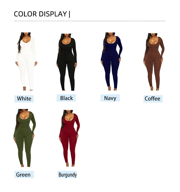 Spring Summer New Women's Long Sleeve Solid Color Skinny Jumpsuit Fashion Sports Fitness Pullover Casual Wear
