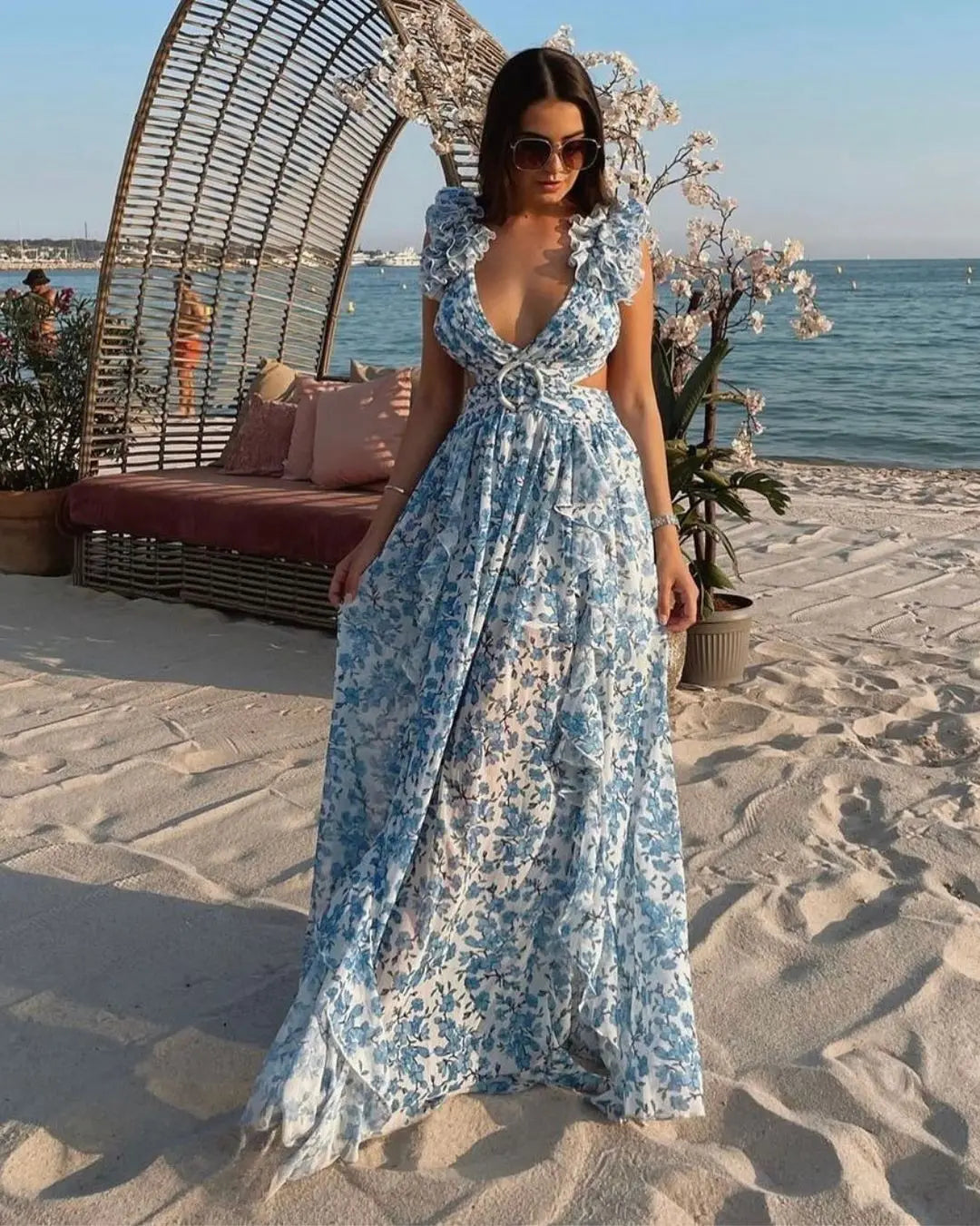 Summer Spring Women's Clothing Dress Hollow Out Slim Deep V Ruffle Edge Floral Backless Dress Loose Maxi