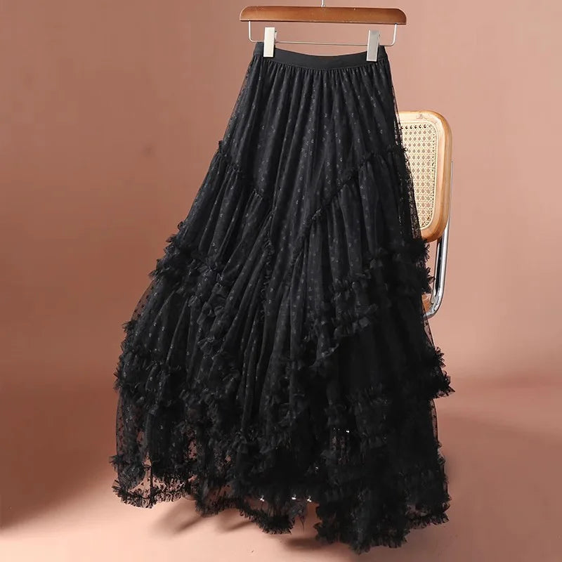 Romantic Vintage Jacquard Tulle Puff Skirt for Women