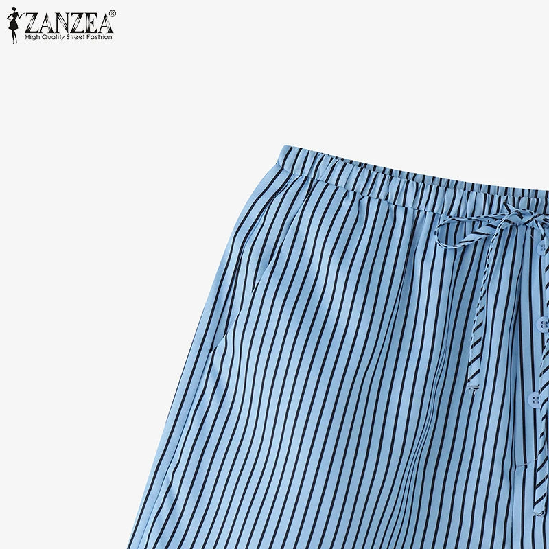 ZANZEA Woman Fashion Striped Shorts 2025 Summer Lightweight Elastic Waist Lace-Up Short Trousers Casual Loose Day Wear Bottoms