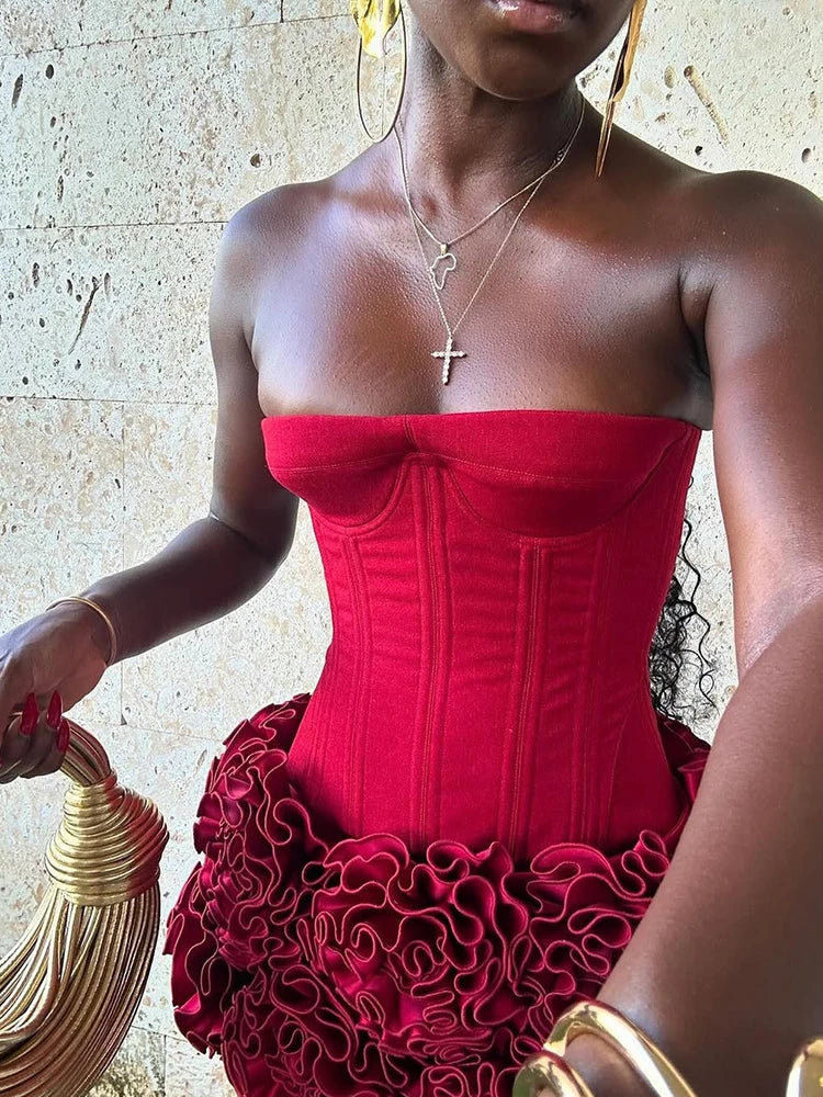 Women's Sexy Strapless Red Mini Skirt and Off-Shoulder Corset Top Two-Piece Set Lace Up Elegant Quality Luxury Party Dress