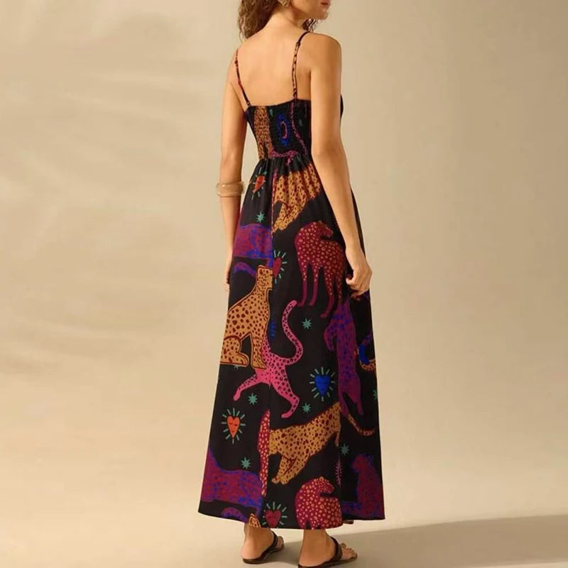 Sexy Women's Off Shoulder Summer Long Dress Casual Bohemian Pleated Sling Dress Graffiti Printed High Waist Beach Dress Vestidos