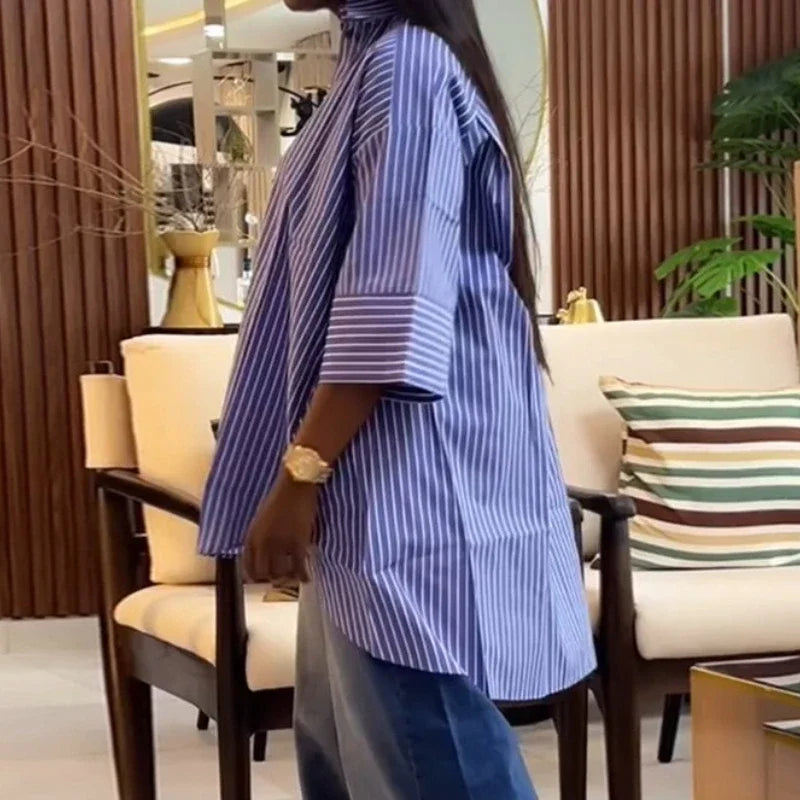 Casual Women's Shirts Striped Button Down Elegant Loose Lady Office Blouse Fashion Versatile Top for Female New 2025 Summer