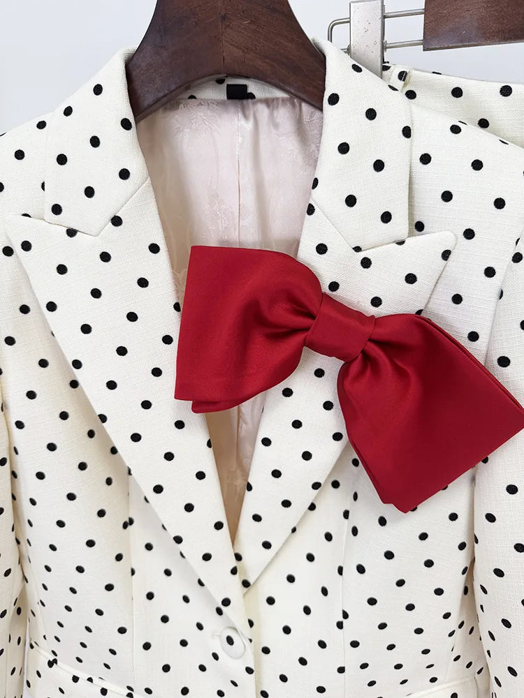 HIGH STREET Newest 2025 Designer Suit Women Bow Decorated Polka Dot Blazer Pants Set 2PCS