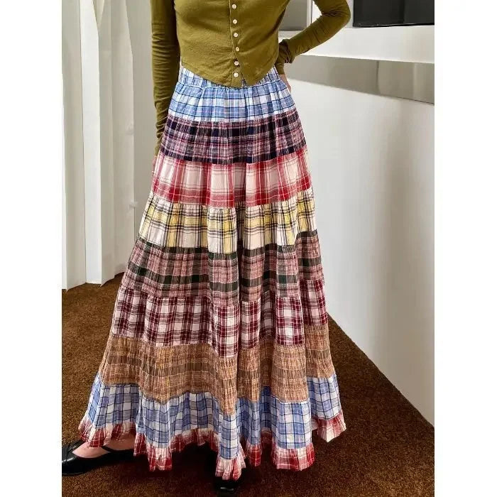 High Waist Plaid Patchwork A- Line Midi Skirt Women's Spring 2025 New Design Retro Unique Long Umbrella Skirt Polyester Fiber