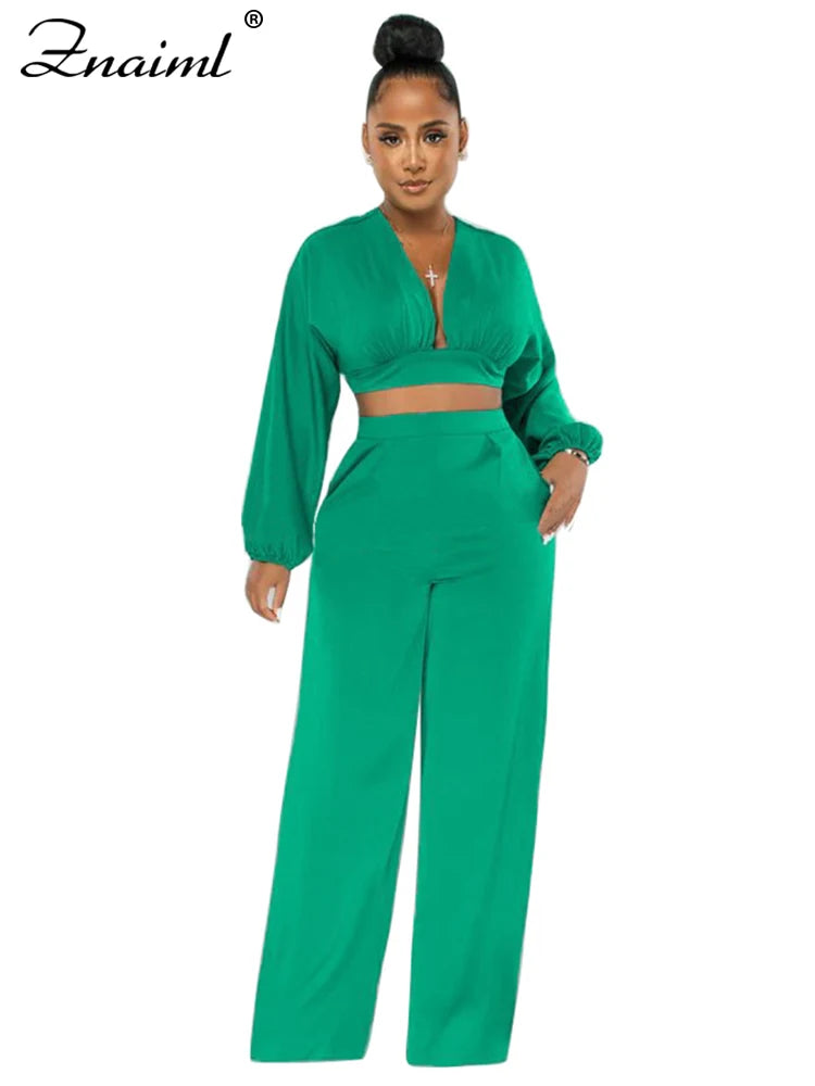 Znaiml Casual Green Two 2 Pieces Wide Leg Pants Sets Women‘s Long Sleeve Deep V-neck Crop Tops and Trousers Birthday Club Outfit