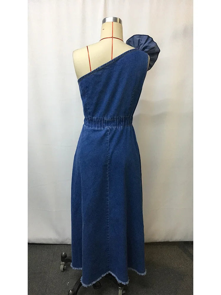 Off-Shoulder Denim Midi Dress