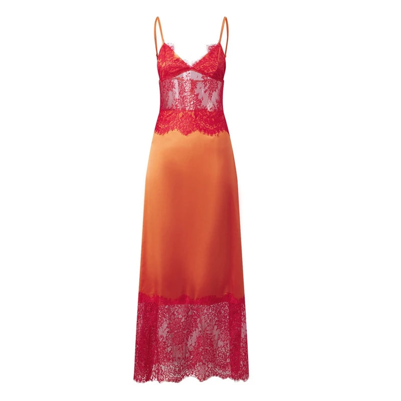 Satin Spaghetti Strap Deep V Neck Lace Patchwork Maxi Dress for Women