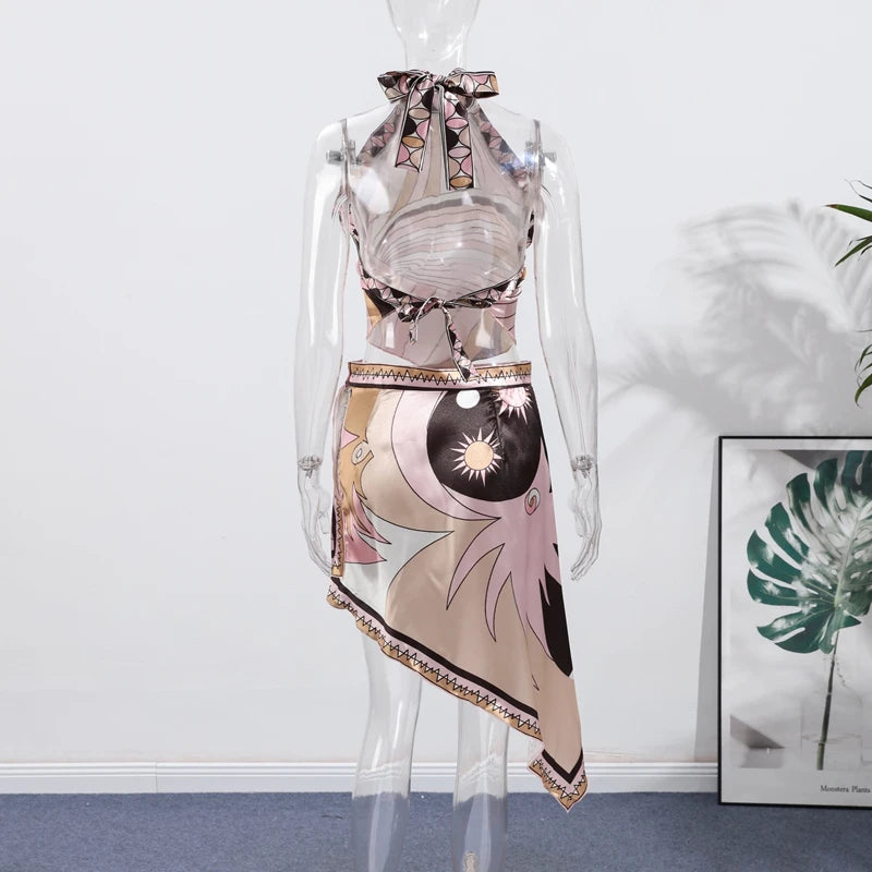 Print Irregular Women's Short Skirt Suits Halter Lace Up Backless Sleeveless Tank Top High Waist Sets Summer Lady Beach Outfits