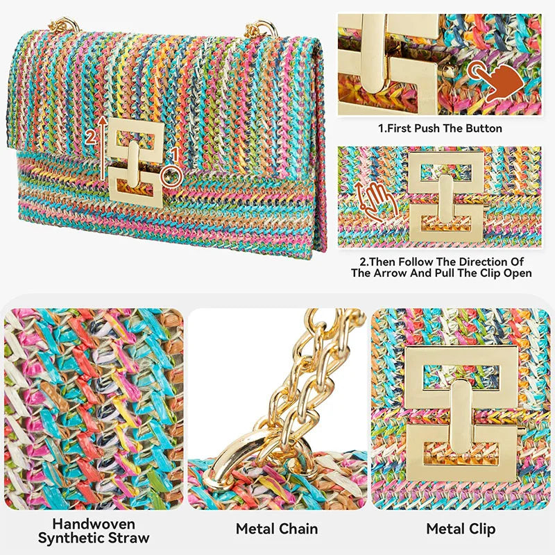 Straw Envelope Evening Party Handbag Fashion Women Weave Pattern Gold Clutch Messenger Purses Lady Daily Commuting Wallet Bags