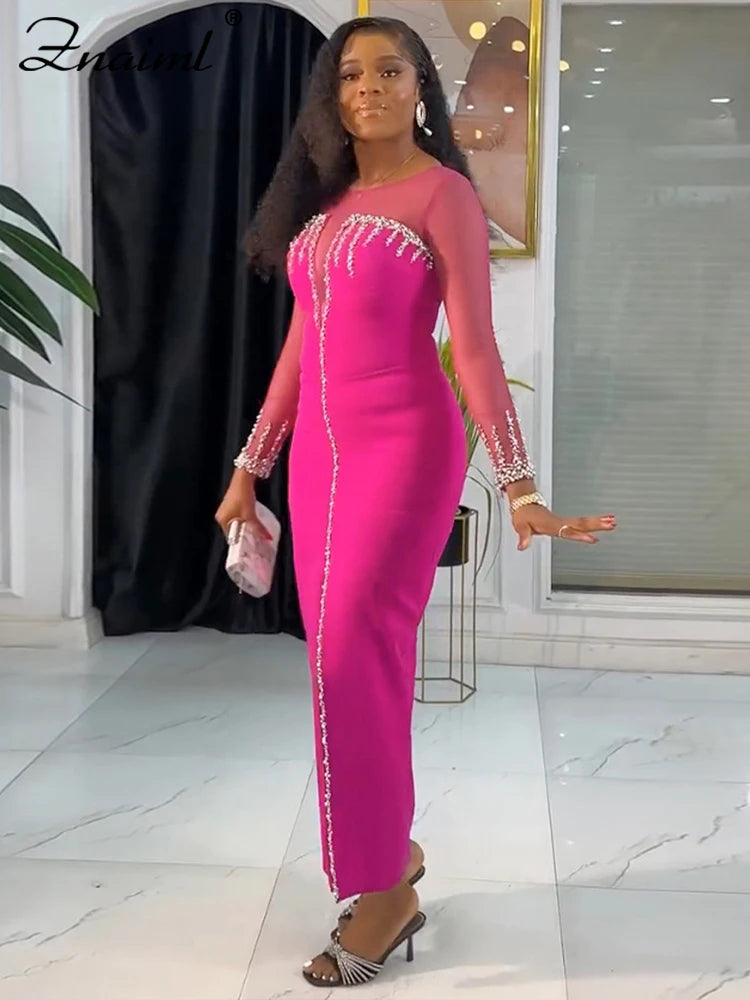 Znaiml Luxury Rhinestones Mesh Patchwork O-neck Pink Dress Women Sleeve Long High Split Birthday Party Evening Night Club Robe