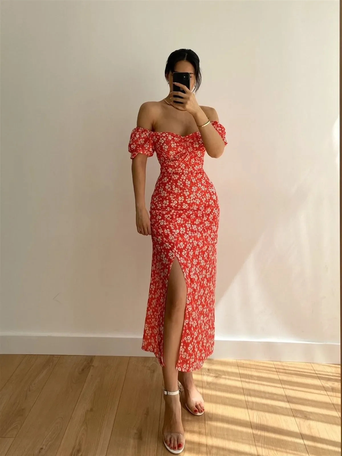 Elegant Summer Women's Dress Off-Shoulder Floral Side Slit Fashionable Commuting Foreign Trade New Style Womens Clothing