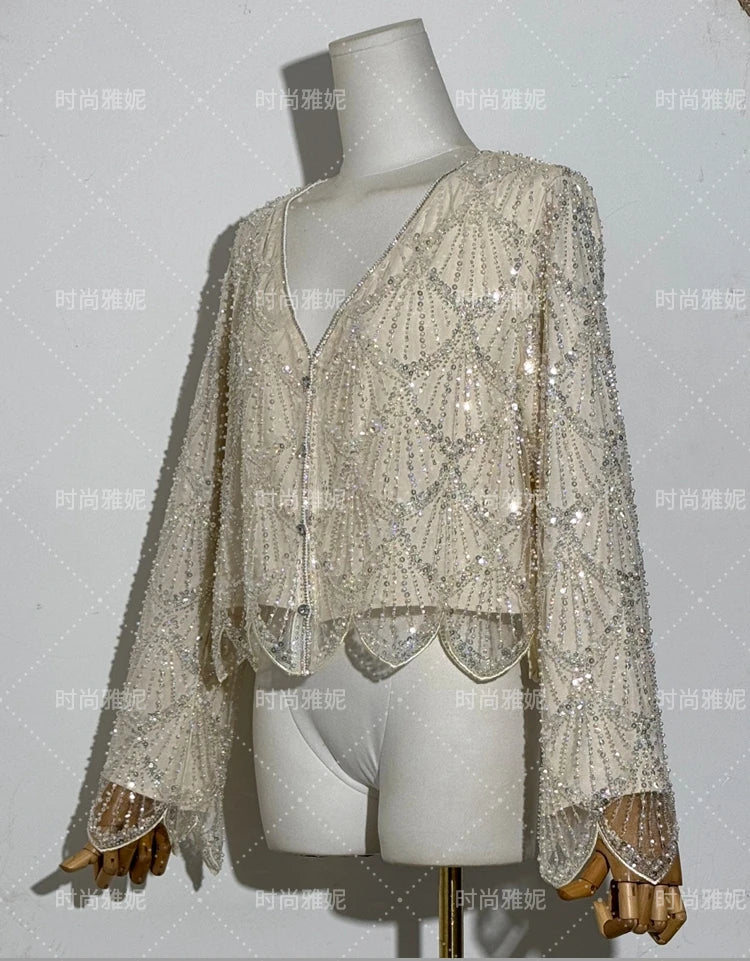 Fashion New Fashion Long-sleeved Sequined Pearl Bead Cardigan Women's Top High-waisted Skirt 2-piece 2025 Spring New Skirt Sets