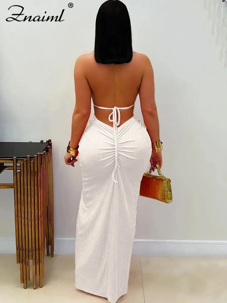 Znaiml Women's Elegant Evening Halter Hollow Backless Slit Bodycon Maxi Dresses Sexy Beach Holiday Party Club Birthday Vestidos