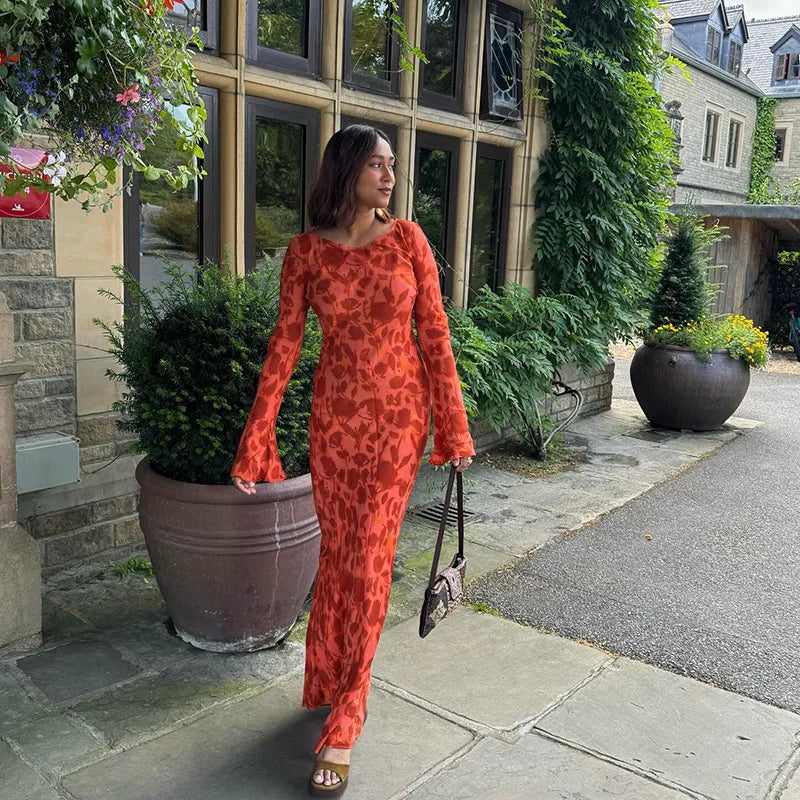 Temperament printed crewneck basic dress female fall style fashion elegant slim dress
