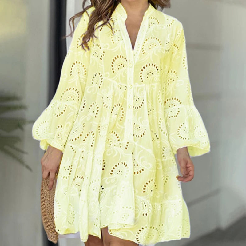 Summer Women Hollow Out Dresses Elegant Vintage Solid Lace V-neck Loose Embroidery Long Sleeve Mini Dresses