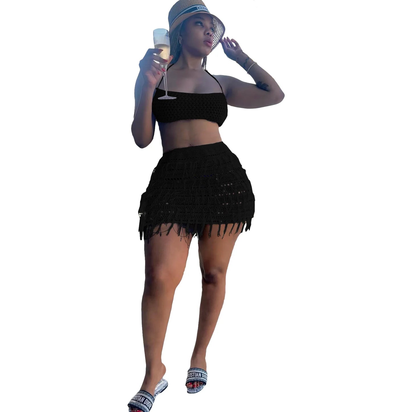 CM.YAYA Beach Holiday Knit Crochet Tassel Women Two 2 Piece Set Outfits Bra Top and Mini Skirt Suit 2024 INS Street Dress Set