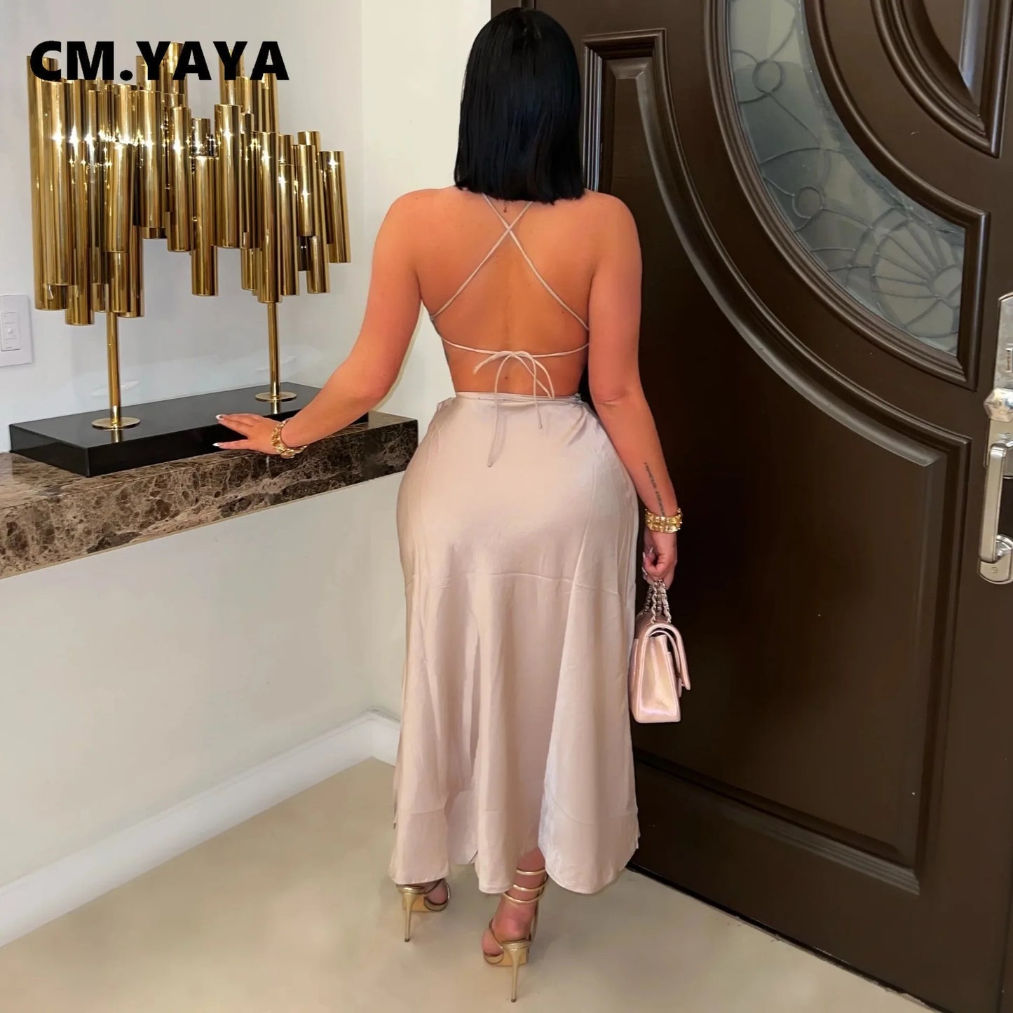 CM.YAYA 2025 Sexy Party Club Night Women's Set Halter Neck Crop Top and Side Split A-line Maxi Skirt Suit Two 2 Piece Set Outfit
