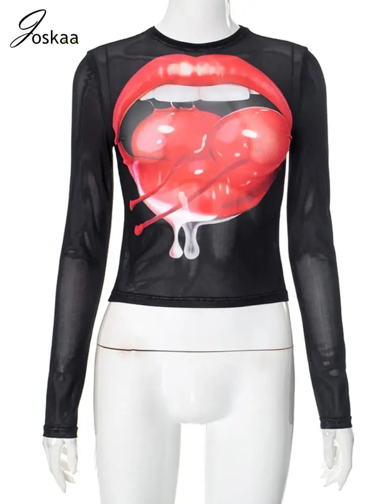 Joskaa Fashion 3D Print Mesh Y2K T-Shirts Women Hipster Sexy O-Neck Long Sleeve Crop Tops Party Club Graphic Tees Streetwear