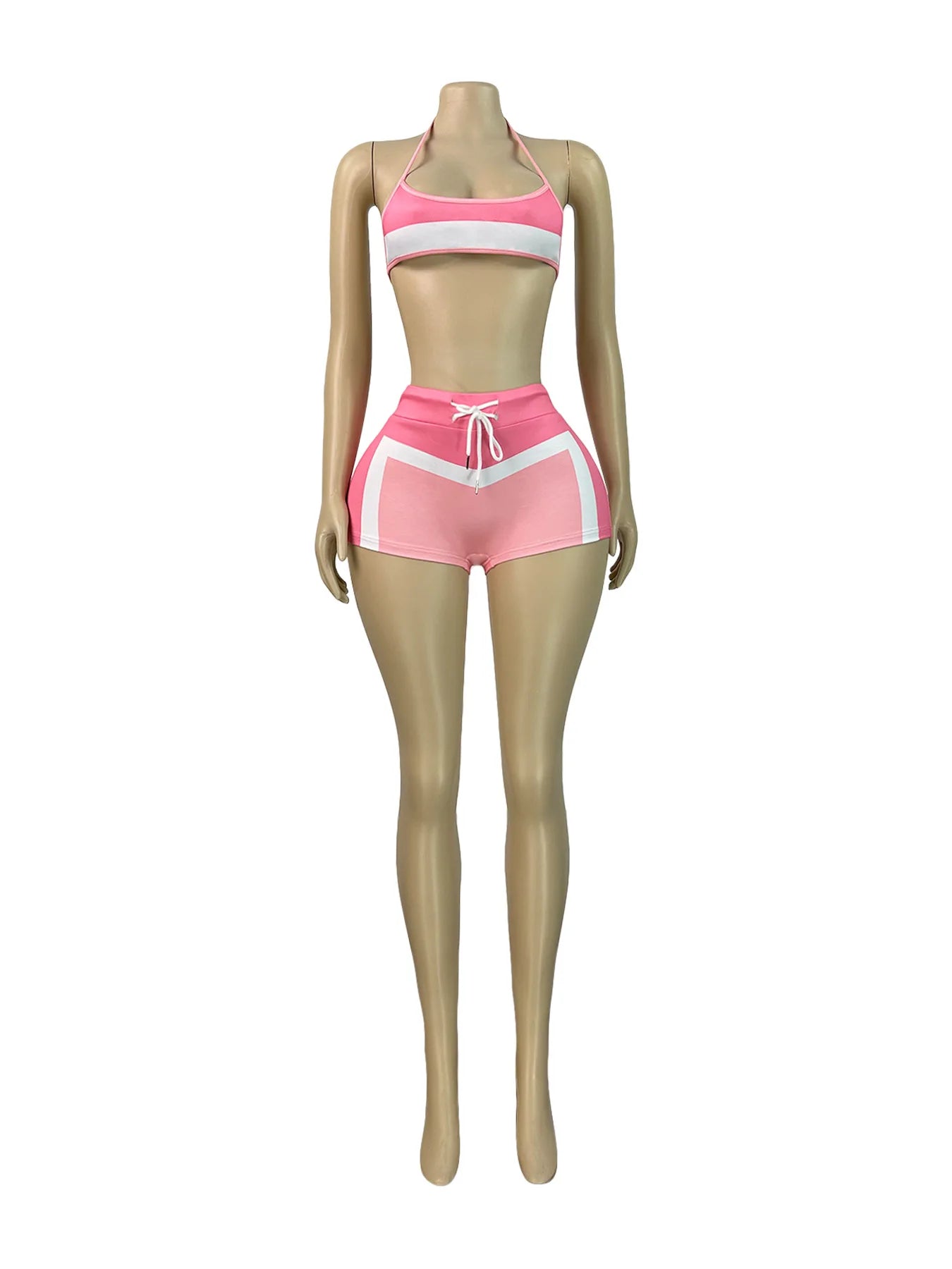 Weird Puss Contrast Patchwork 3 Piece Set Women Halter Strapless Tops+Cardigan Crop Jacket+Drawstring Shorts Sexy Sporty Outfits