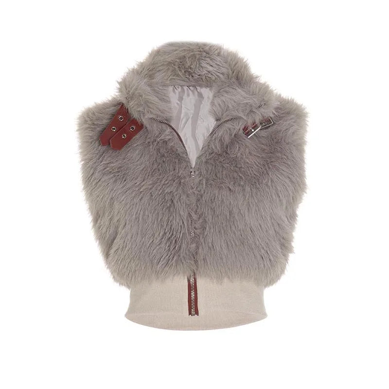 Weird Puss Sexy Furry Tank Tops Women Autumn Trend Patchwork Zip Metal Leather Buckle Slim Hottie Wild Street Clubwear Waistcoat