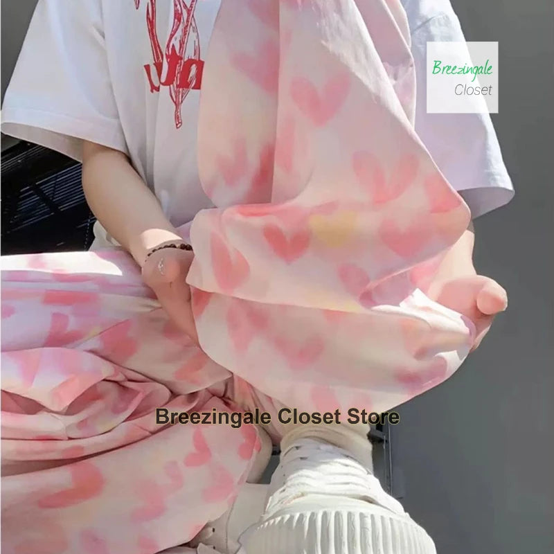 Korean rainbow polka-dot wide-leg pants women's new summer fashion loose and slim Joker ice silk casual straight pants.